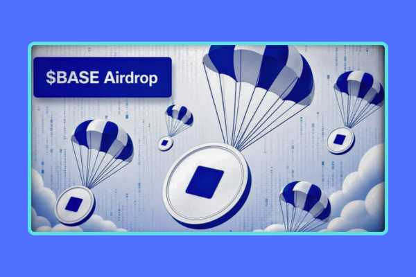 A promotional graphic showing parachutes carrying coins, labeled '$BASE Airdrop' in the top left corner.