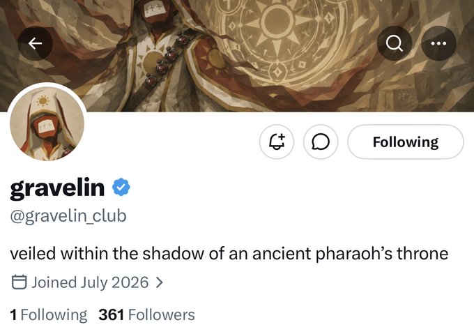 A Twitter/X profile page for "gravelin" (@gravelin_club), a verified account with 361 followers and a bio reading "veiled within the shadow of an ancient pharaoh's throne," featuring Egyptian pharaoh-themed artwork as the banner and avatar. The accompanying post about GTD (GoToDeath/guaranteed) Ordinals subscription spots connects to the account's branding, suggesting the user is offering priority access to their crypto Ordinals content despite their small follower base of just 26 subscribers mentioned in the text.
