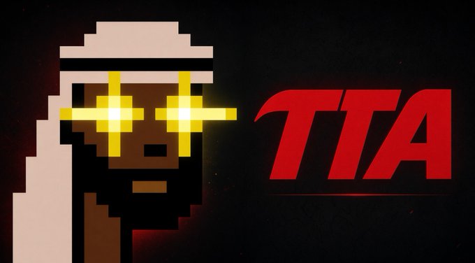 A pixelated figure with glowing cross-shaped sunglasses appears alongside the bold red "TTA" logo on a dark background, visually representing the TTA collaboration with TheSaudisNFT for the upcoming 5,555 rig drop.