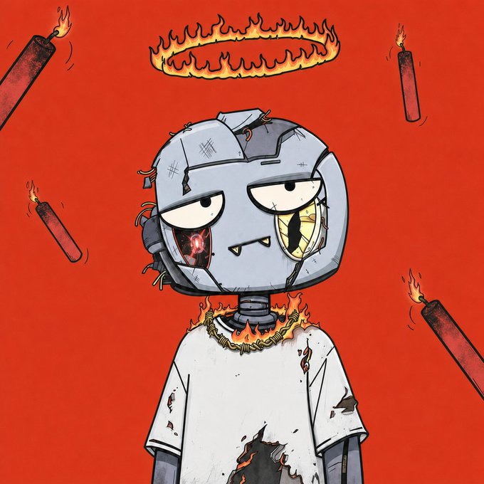 This NFT artwork features a distressed robot with a fiery halo and barbed wire necklace surrounded by lit dynamite sticks. The image aligns with the "hardcore and art online" style mentioned in the post, likely representing an avatar or character from the @pko_nft project.