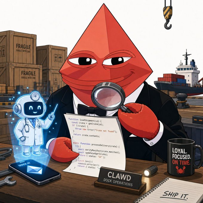 A red pyramid-shaped character in a tuxedo examines code with a magnifying glass at a desk labeled "CLAWD - DOCK OPERATIONS," accompanied by a holographic robot doctor referencing the "offline robot doctor, health library" entry, while surrounded by shipping crates marked "FRAGILE," a "LOYAL. FOCUSED. ON TIME." crab mug, and a "SHIP IT." notepad—visually representing the shipping report of multiple Clawd projects being deployed.