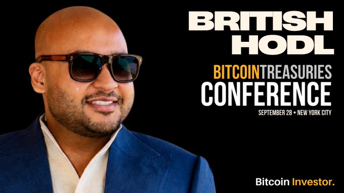 A promotional banner for the 'British Hodl Bitcoin Treasuries Conference' on September 28 in New York City, showing a smiling bald man with sunglasses in a blue blazer, branded by Bitcoin Investor.