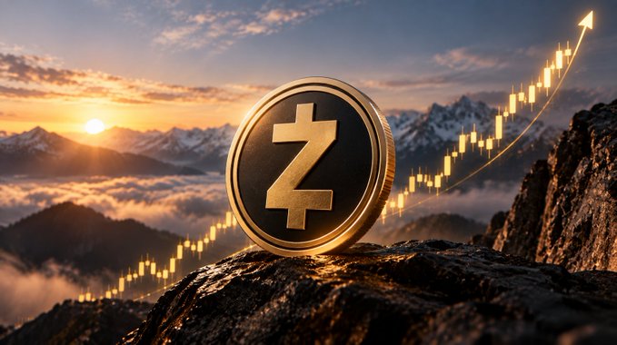 A gold Zcash (ZEC) cryptocurrency coin stands on a rocky mountain peak at sunset, with a rising candlestick chart and upward arrow symbolizing price growth against a backdrop of clouds and snow-capped mountains.