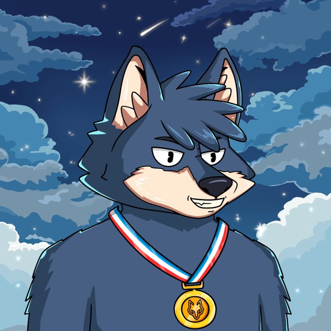 An illustrated anthropomorphic wolf or canine character with blue-gray fur and a confident expression stands against a starry night sky, wearing a medal with a red, white, and blue ribbon.