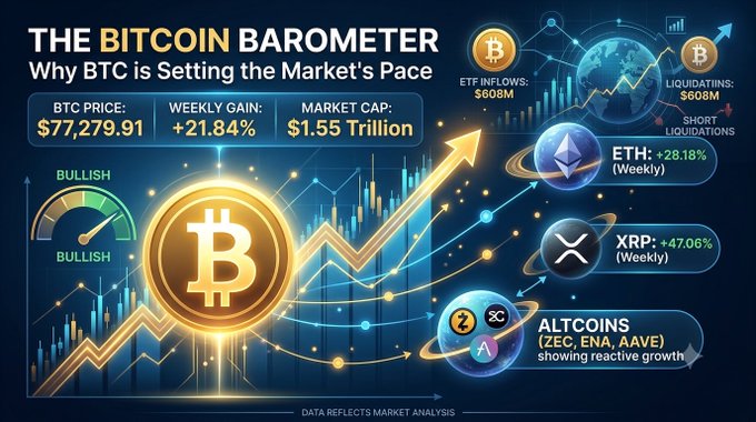 'The Bitcoin Barometer' infographic showing BTC at $77,279.91 with +21.84% weekly gain, alongside ETH +28.18%, XRP +47.06%, and altcoin performance.