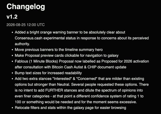 Changelog v1.2 dated 2026-08-25 listing updates including a warning banner about Consensus.cash, UI improvements to proposal cards, and new voting stances ('Interested' and 'Concerned').