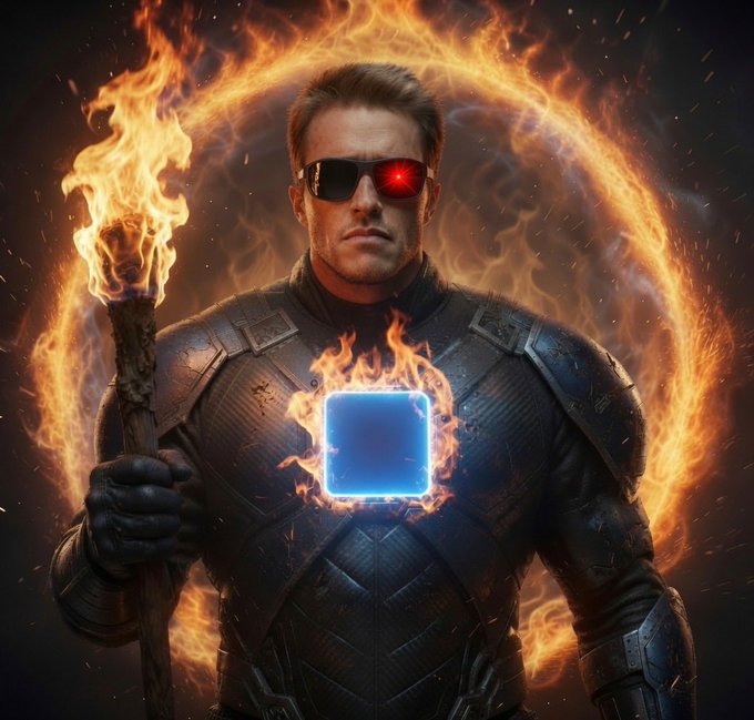 Stylized AI art of a man in dark tactical armor wearing sunglasses with a glowing red lens, holding a flaming torch, with a flaming blue square on his chest against a fiery ring background.