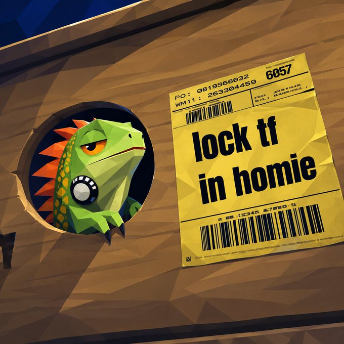 A digital illustration of a green lizard character peeking through a hole in a wooden floor, next to a yellow label reading 'lock tf in homie' with barcode numbers.