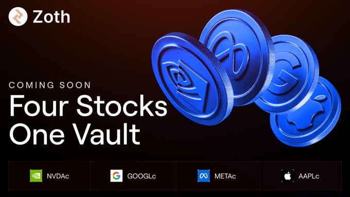 The image is a promotional teaser for Zoth's upcoming "Four Stocks One Vault" product, featuring stylized blue vault icons alongside four ticker symbols: NVDAc (Nvidia), GOOGLc (Google), METAc (Meta), and AAPLc (Apple). It visually represents the post's concept of tokenizing a single stablecoin deposit into a diversified basket of stock tokens issued on Coinbase's Base network.