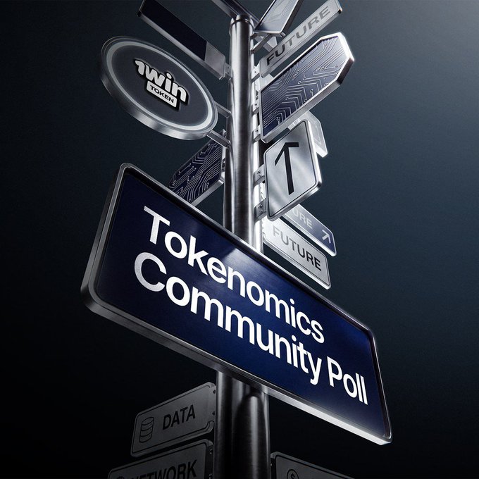 A 3D illustration of a signpost with various directional signs including 'Tokenomcommunity Poll' prominently displayed, along with smaller signs for 'Twin Token', 'Future', 'Data', and 'Network'.