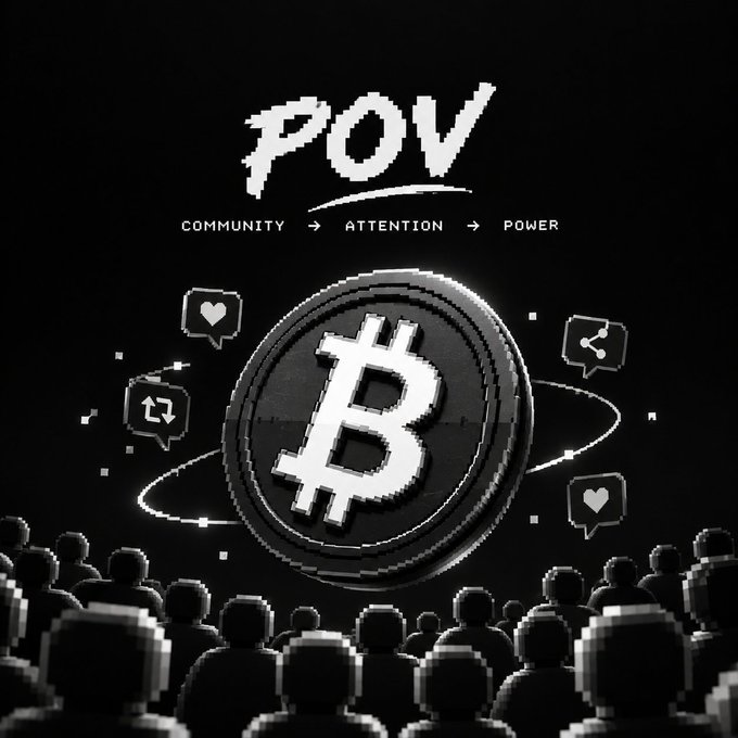 A graphic with a large Bitcoin coin and the text 'POV COMMUNITY -> ATTENTION -> POWER' surrounded by an audience.