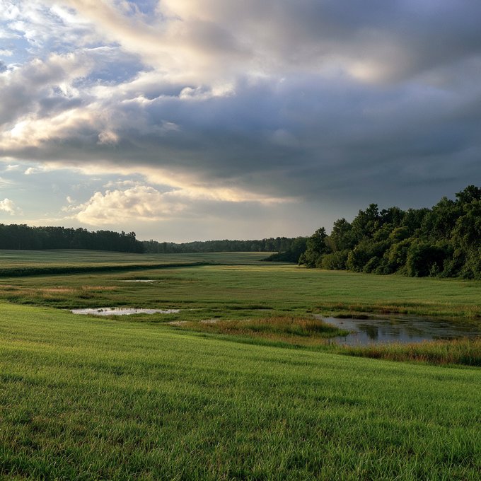 A serene landscape photograph of a green grassy field with small ponds, bordered by trees under a dramatic cloudy sky at sunset or sunrise.