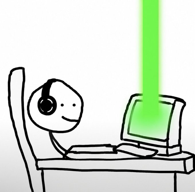 A simple line-drawn cartoon of a smiling figure with headphones sitting at a desk, looking at a glowing green computer monitor.