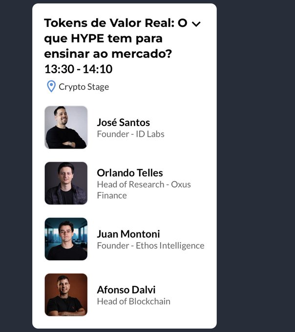 The image shows a conference panel listing titled "Tokens de Valor Real: O que HYPE tem para ensinar ao mercado?" scheduled for 13:30-14:10 on the Crypto Stage, featuring speakers José Santos (Founder - ID Labs), Orlando Telles (Head of Research - Oxus Finance), Juan Montoni (Founder - Ethos Intelligence), and Afonso Dalvi (Head of Blockchain). This relates to the post announcing a Hyperliquid (HYPE) discussion at 1:30 PM at Blockchain Rio, with the panel focused on real-world value tokens and lessons HYPE brings to the market.