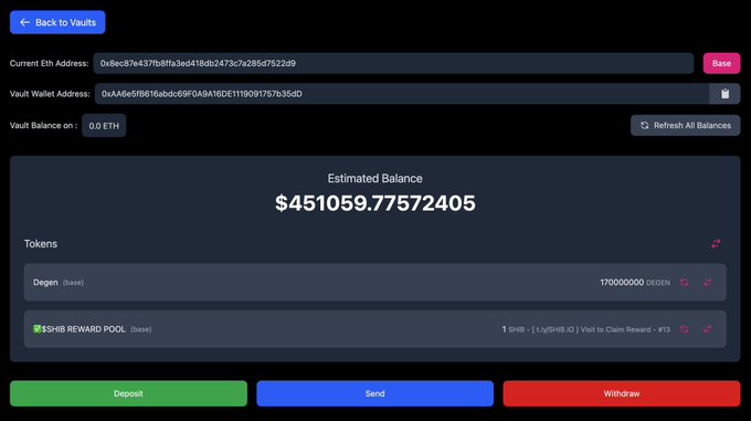 A cryptocurrency vault interface displays a Quip Network wallet with a current ETH address and vault wallet address, showing an estimated balance of $451,059.77572405 alongside 170,000,000 DEGEN tokens and a 1 SHIB claimable reward, illustrating the substantial asset holdings that fuel the platform's decentralized quantum compute marketplace.
