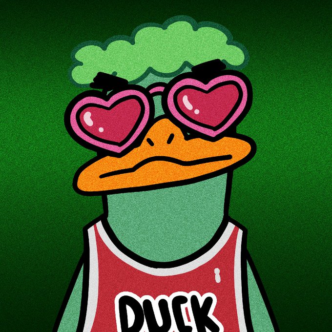 An illustration of an anthropomorphic duck character with green fluffy hair, wearing pink heart-shaped sunglasses and a red tank top with 'DUCK' written on it, set against a green background.