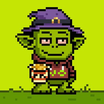 Pixel art character of a green goblin-like creature wearing a purple witch hat and red coat, holding a small bucket with an orange item.