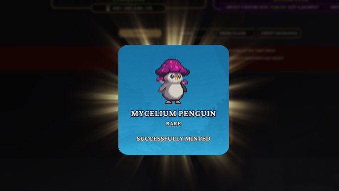 A blue digital card displays a penguin character with a pink mushroom-like head, accompanied by the text "MYCELIUM PENGUIN," "RARE," and "SUCCESSFULLY MINTED."