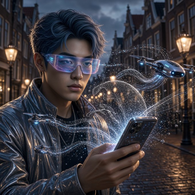 A young man in futuristic AR glasses and a metallic jacket stands on a cobblestone Amsterdam street, using a smartphone that emits swirling streams of light connecting to nearby drones, visually evoking the advanced tech infrastructure and high-volume data systems referenced in the post about the VanGrid team's expertise in handling massive request loads.