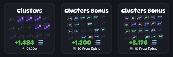 The image displays three game outcome panels titled "Clusters" and "Clusters Bonus," showing cluster configurations with multipliers of 21.20x (+$1,484), a bonus awarding 10 free spins (+$1,200), and another bonus with 10 free spins (+$3,174). These panels illustrate the three consecutive winning spins referenced in the post, demonstrating how the Clusters game on rugs.fun generated a combined $5,858 payout across the spins.