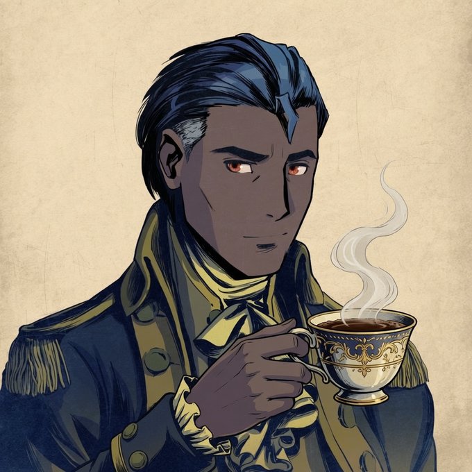 Comic-style illustration of a dark-haired man with red eyes in a military-style uniform with gold epaulettes, holding a steaming ornate teacup.