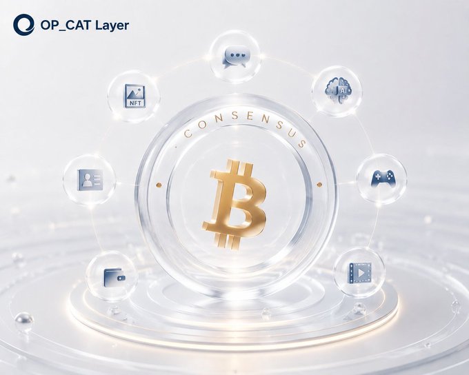 A promotional graphic for 'OP_CAT Layer' featuring a golden Bitcoin symbol surrounded by a transparent sphere with the word 'CONSENSUS', encircled by various icons representing digital assets and services.
