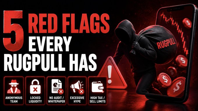 The image is a bold red and black graphic titled "5 RED FLAGS EVERY RUGPULL HAS," featuring a hooded figure carrying a "RUGPULL" sack while escaping through a smartphone screen showing a crashing candlestick chart. Below the title are five labeled icons identifying the warning signs: "Anonymous Team," "Locked Liquidity," "No Audit/Whitepaper," "Excessive Hype," and "High Tax/Sell Limits." The graphic visually reinforces the post's theme of identifying common scam patterns in crypto projects to help investors avoid rug pulls.