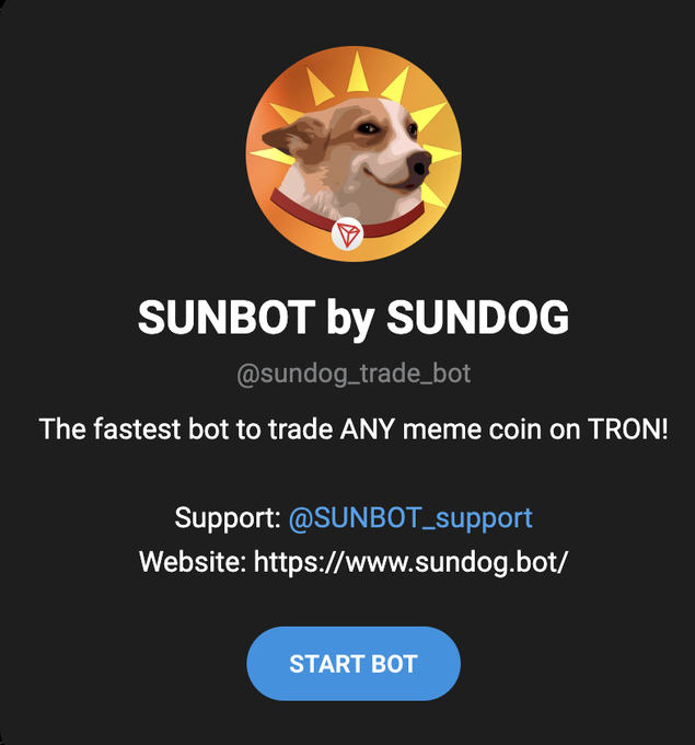 In the image, there are two posts - one of which has the name "Sunbot" written on a sign with a dog picture next to it. The other post appears to be a post from Tron trading service user @Start Bot (or @Sunbot). The text in this second post seems random and unrelated to the Sunbot post, but is relevant to the question posed at the bottom of the image: "Who ran this bot?"
