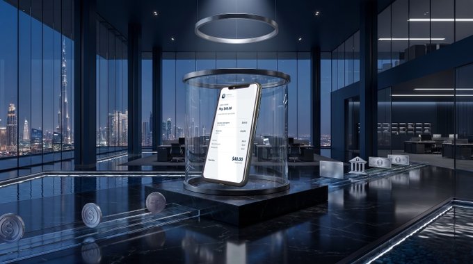 A sleek, futuristic 3D rendering showing a smartphone displaying a 'Pay ZAR 83' transaction for $68.68, set in a modern glass-walled office space overlooking a city skyline at night.