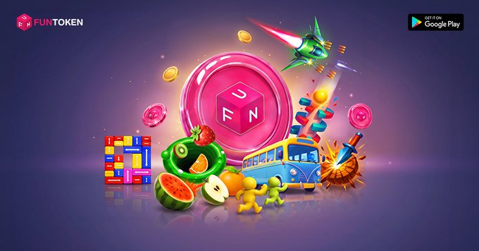 A promotional graphic for the FunToken cryptocurrency app, available on Google Play, featuring a pink FN token coin surrounded by colorful 3D game elements like a watermelon, papaya, Tetris blocks, a bus, and a rocket.
