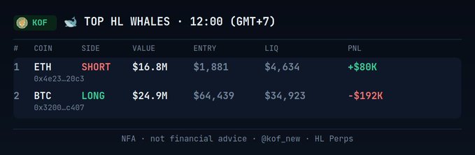 A 'Top HL Whales' leaderboard for @kof_new HL Perps at 12:00 (GMT+7), showing whale #1 shorting ETH (0xe23…20C3) with $16.8M value, +$80K PNL, and whale #2 longing BTC (0x3200…c4D7) with $24.9M value, -$192K PNL, with disclaimer 'NFA · not financial advice.'