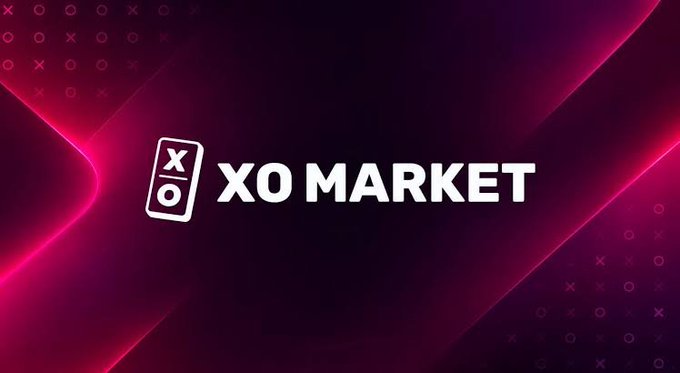 Promotional graphic with a dark pink and purple gradient background featuring the white logo and text 'XO MARKET' alongside an X and O icon.