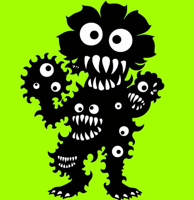 A stylized, cartoonish black monster with multiple eyes and sharp teeth standing against a bright neon green background.