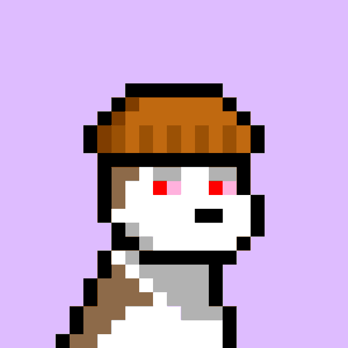 A pixel art image of a character wearing a brown beanie with red eyes, resembling a Minecraft-style skin, set against a light purple background.