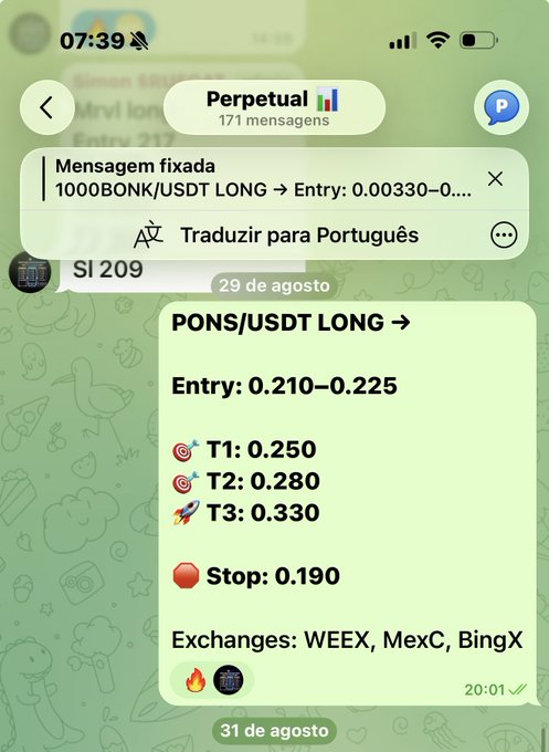 A Telegram group chat named 'Perpetual' displaying a trading signal for PONS/USDT LONG with entry at 0.210-0.225, targets T1: 0.250, T2: 0.280, T3: 0.330, and a stop at 0.190, available on WEEX, MexC, and BingX exchanges.