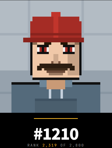 A pixel art character wearing a red hat with a mustache, ranked #1210 out of 2,800.