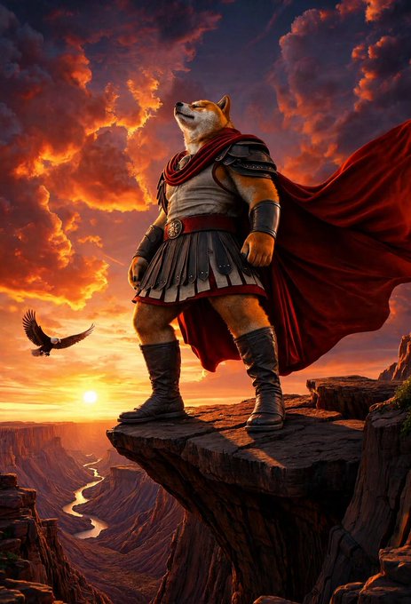 A heroic Shiba Inu warrior in ancient armor and a flowing red cape stands atop a cliff at sunset, gazing into the horizon with a bird of prey soaring nearby, embodying the bold resilience of "Unstoppable."