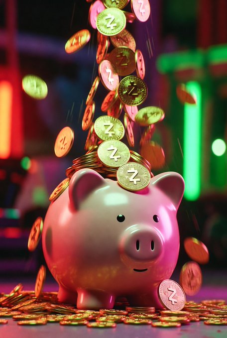 A pink piggy bank with a smiling face overflowing with gold Zcash (ZEC) coins against a neon-lit background.