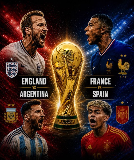 A World Cup promotional graphic showing a golden trophy in the center, featuring Harry Kane (England), Kylian Mbappé (France), Lionel Messi (Argentina), and Lamine Yamal (Spain), with text 'ENGLAND VS ARGENTINA' and 'FRANCE VS SPAIN'.