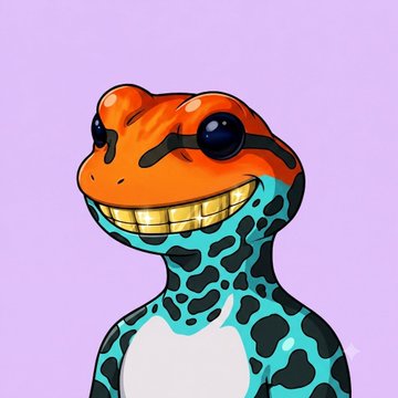 A digital illustration of a smiling orange and teal frog-like character with black spots against a light purple background.