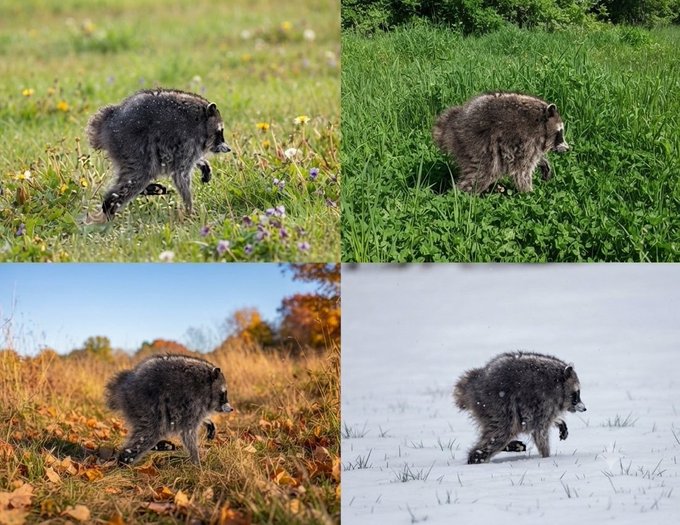 A four-panel composite image showing a raccoon running through grass in different seasons: spring, summer, autumn, and winter.