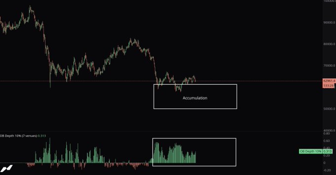 A Bitcoin price chart highlights an "Accumulation" zone near 58,000–60,000 USD, with the OB Depth 10% indicator (value 0.313) showing significant bid liquidity beneath current prices, visually reinforcing the post's claim of strong passive demand and buyer accumulation below 60K.