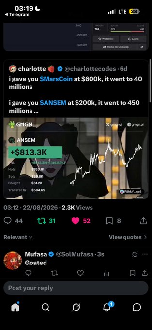 Telegram screenshot showing a post from @charlottecodes bragging about profiting on $MarsCoin and $ANSEM tokens, with a wallet showing +$813.3K gains.