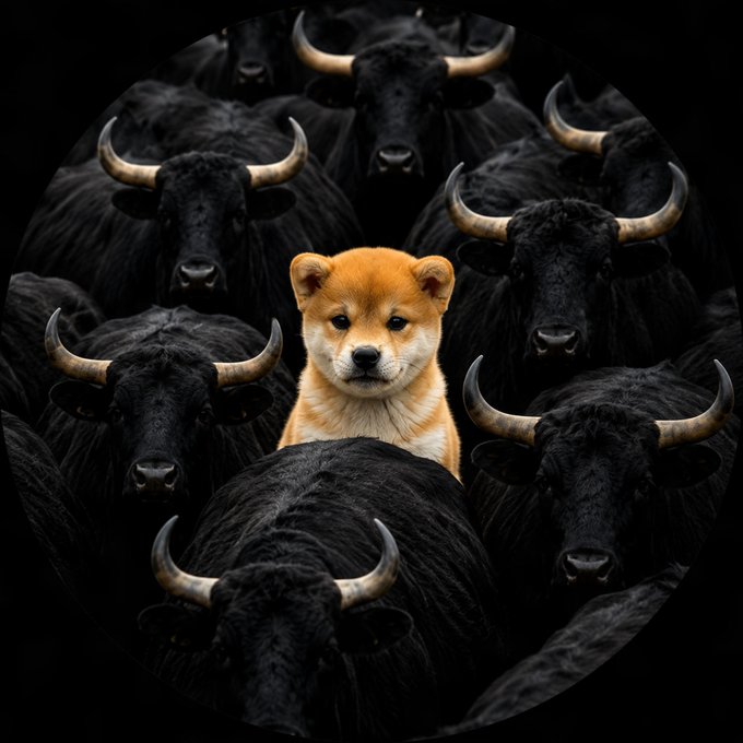 A small Shiba Inu puppy sits surrounded by a herd of dark black bulls with horns in a circular composition against a black background.