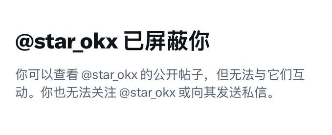 The image displays a Chinese-language notification stating "@star_okx 已屏蔽你" (@star_okx has blocked you), along with text explaining that the user can view @star_okx's public posts but cannot interact with, follow, or send private messages to them. This relates to the post by "President Xu" (@star_okx), suggesting that the poster has been blocked by or is commenting on the blocking behavior of this account.