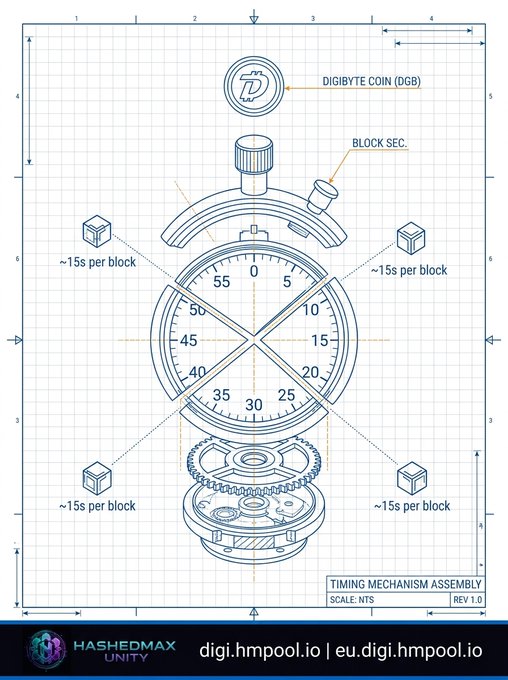 A blueprint-style technical diagram titled "TIMING MECHANISM ASSEMBLY" for Digibyte Coin (DGB), showing a stopwatch illustration with components labeled "BLOCK SEC." and "~15s per block," branded with HASHMAX UNITY and URLs digi.hmpool.io and eu.digi.hmpool.io.