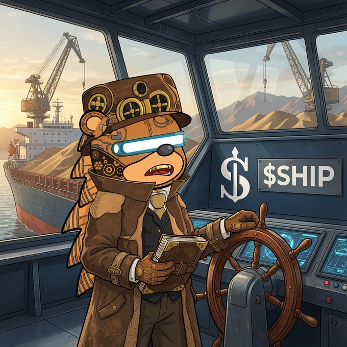 An illustration of a steampunk-styled anthropomorphic tiger character wearing a top hat and glowing glasses, holding a book and standing at a ship's wheel inside a vessel marked with '$SHIP' and an anchor logo.