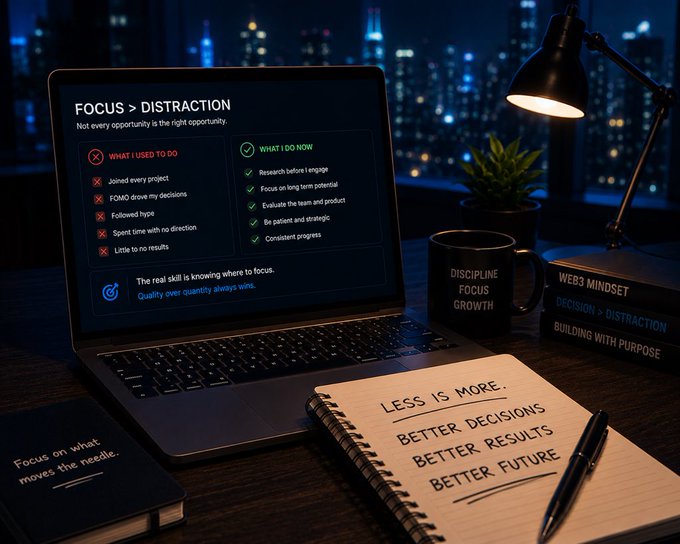 A nighttime desk scene features a laptop displaying a "Focus > Distraction" chart contrasting unproductive past habits (joining every project, FOMO decisions) with current strategic priorities, alongside a notebook reading "Less is more, better decisions, better results, better future" and a mug labeled "Discipline, Focus, Growth." The image visually reinforces the post's message about moving from chasing every Web3 opportunity to being selective and intentional with where energy and time are invested.