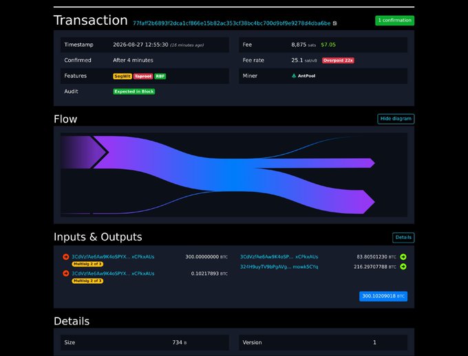 A screenshot of a Bitcoin transaction explorer showing a transaction ID starting with '71faff2b6893', with a fee of 8,875 sats ($7.05), confirmation in 4 minutes via AntPool, and input/output details including 300.00000000 BTC and 0.10217893 BTC.