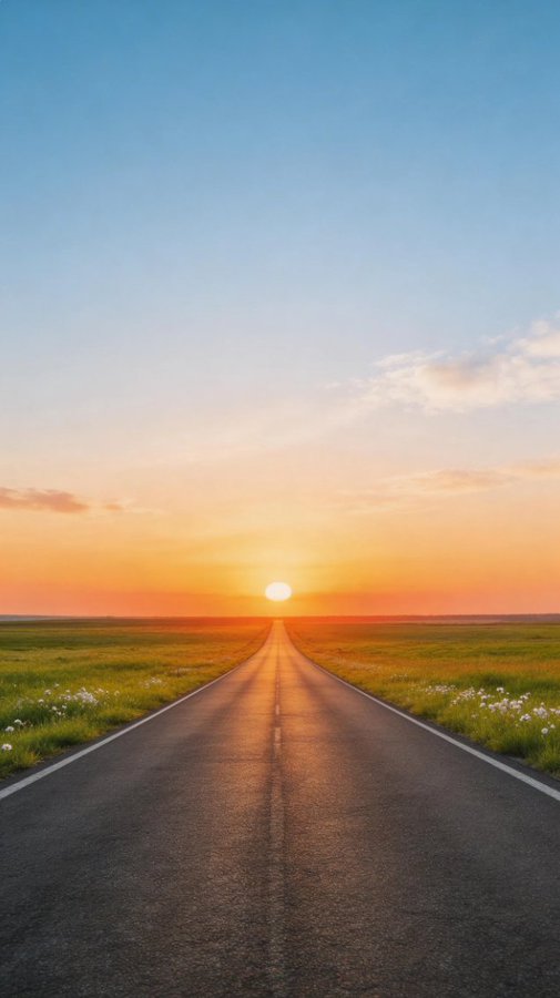A scenic photograph of an empty road stretching toward a sunset on the horizon, with green fields on either side and a clear blue sky transitioning to orange near the sun.